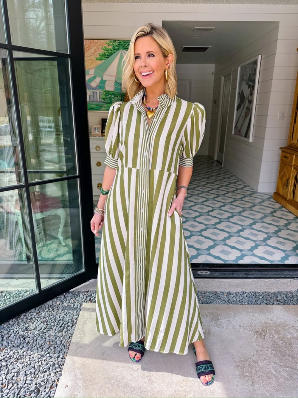 Entro Striped Button Up Midi Dress, Medium
